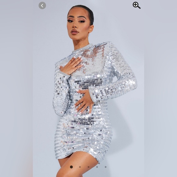PLT PETITE SILVER SEQUIN SHOULDER PAD MINI DRESS - Picture 1 of 2